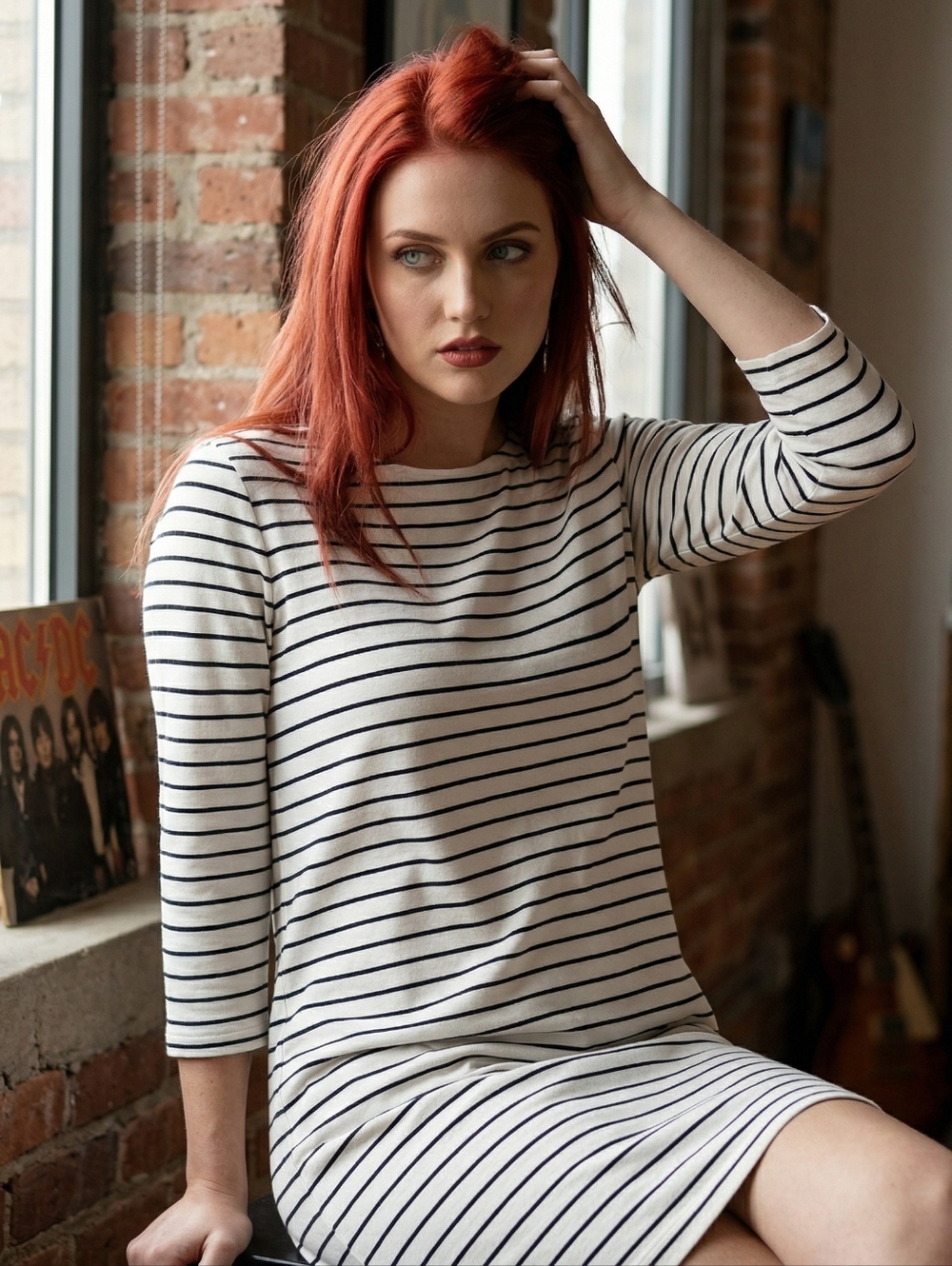 EUC J Crew Size Large Black & White Striped 3/4 Length Sleeve Dress!!